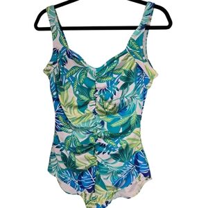 Tropical Leaf Ruched One-Piece Swimsuit - Blue/Green
